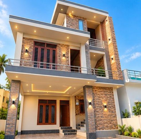 Render of a G+2 home with stone-clad pillars, steel balcony railing and warm cove lighting