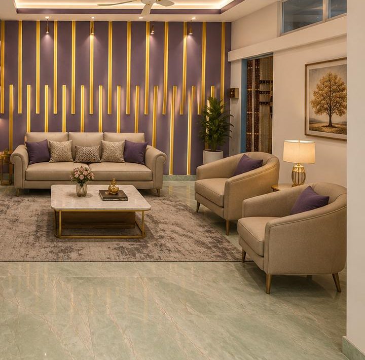 Lilac lounge with gold fluted wall strips and beige sofas