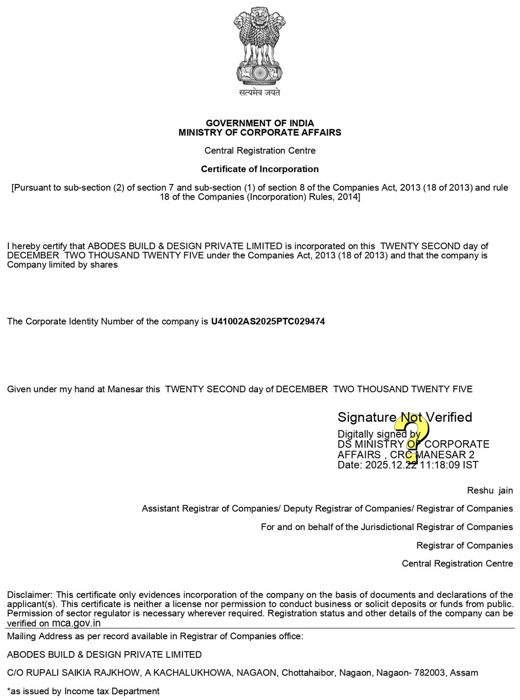 Certificate of Incorporation for Abodes Build and Design Private Limited, CIN U41002AS2025PTC029474