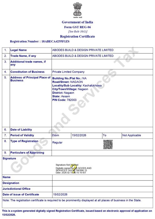GST registration certificate for Abodes Build and Design Private Limited, GSTIN 18ABECA4255F1ZS, Nagaon, Assam