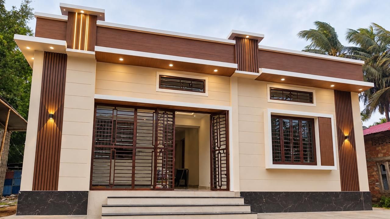 Single-storey home with cream walls, wooden louvres, black marble base and warm downlights