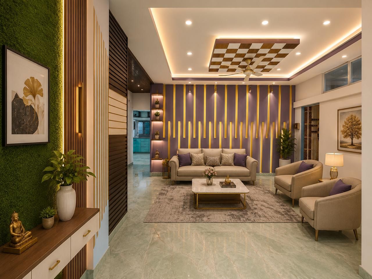 Living room with a lilac wall and gold fluted strips, checkered ceiling panel and beige sofas
