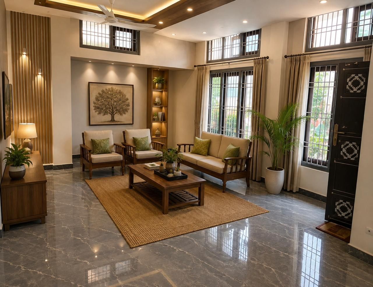 Living room with grey marble floor, teak sofa set, jute rug and slatted wall panel