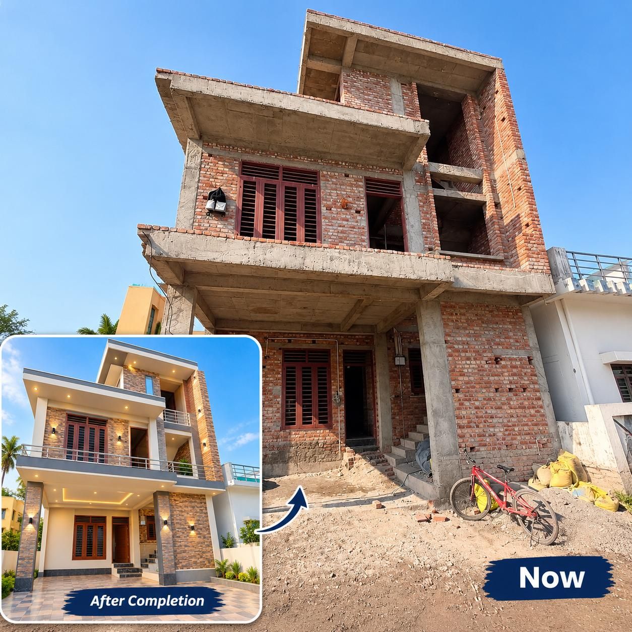 A house under construction with exposed brick and concrete, with an inset render of the same house finished in stone cladding and warm lighting